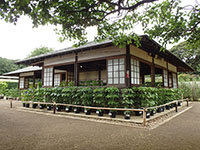 建物と朝顔の画像