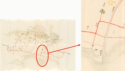 神戸とその周辺の絵図と赤い丸の部分を拡大したもの。